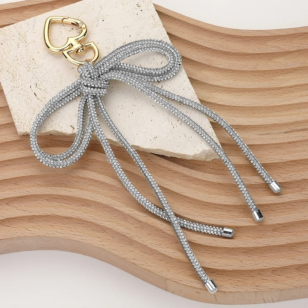 NEW Silver Clear Bling Studded Bow Keychain Bag Charm